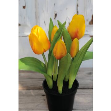 Artificial tulip CAITLYN in decorative pot, yellow-orange, 10"/25cm, Ø0.8"-2.4"/2-6cm