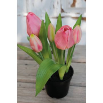 Artificial tulip CAITLYN in decorative pot, light pink-green, 10"/25cm, Ø0.8"-2.4"/2-6cm
