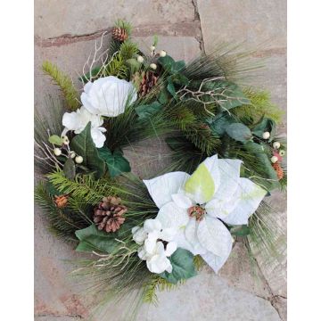 Artificial poinsettia wreath MARYAM, rose, hydrangea, white, Ø20"/50cm