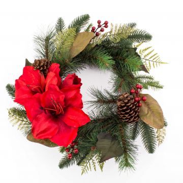 Artificial amaryllis wreath LISANN, berries, cones, red, Ø18"/45cm