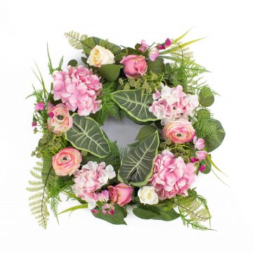 Artificial hydrangea wreath SUNA, ranunculus, rose, pink-white, Ø20"/50cm