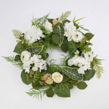 Artificial hydrangea wreath SUNA, ranunculus, rose, white-green, Ø20"/50cm