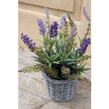 Silk lavender KIRSA in wicker basket, violet, 12"/30cm