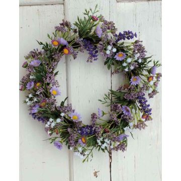Wreath of fake lavender AJILA, gypsophila, daisies, purple, Ø12"/30cm