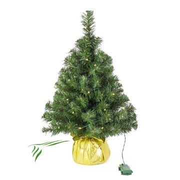 Fake Xmas tree WARSAW, jute bag in gold, LEDs, 24"/60cm, Ø 16"/40cm