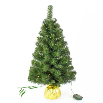 Fake Xmas tree WARSAW, jute bag in gold, LEDs, 3ft/90cm, Ø 20"/50cm