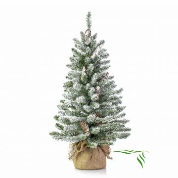 Artificial Christmas tree VIENNA, cones, jute bag, snow-covered, 3ft/90cm, Ø 20"/50cm