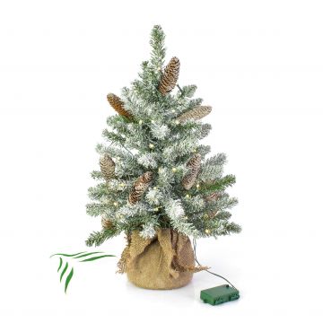Artificial Christmas tree VIENNA, cones, jute bag, LEDs, snow-covered, 24"/60cm, Ø 16"/40cm