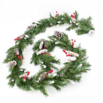 Fake Fir garland MARLIES, berries, snow-covered, UV-resistant, hardly inflammable, 9ft/285cm, Ø 6"/15cm