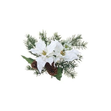 Artificial arrangement of poinsettia and fir YINGA with cones, berries, spike, white, 9"/23cm, Ø 9"/24cm