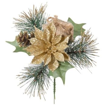 Decorative arrangement of poinsettia and pine HERMINA with gift, gold, 8"/21cm, Ø 6.7"/17cm