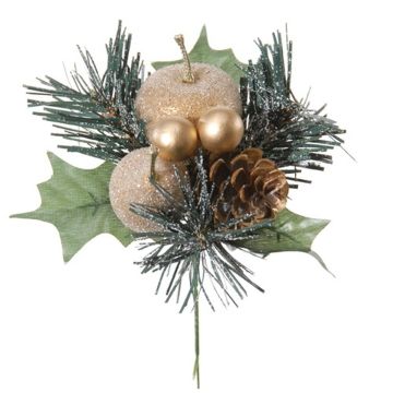 Artificial arrangement of apple, pear and pine HERMOSA with balls, spike, gold, 8"/20cm, Ø 4.7"/12cm