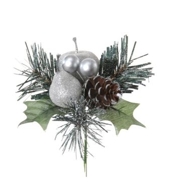 Artificial arrangement of apple, pear and pine HERMOSA with balls, spike, silver, 8"/20cm, Ø 4.7"/12cm