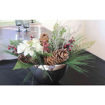 Artificial arrangement of poinsettias SALIHA, cones, berries, frosted, ceramic pot, coloured, 16"/40cm