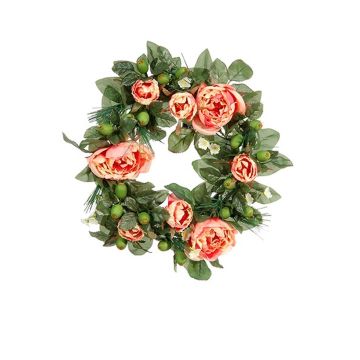 Artificial flower wreath of peony SOLANI, pine, salmon-pink, Ø 5.9"/15cm