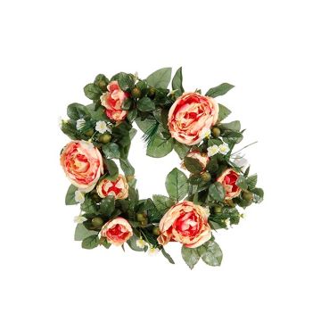 Artificial flower wreath of peony SOLANI, pine, pink-apricot, Ø 5.9"/15cm