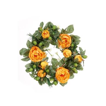 Artificial flower wreath of peony SOLANI, pine, orange, Ø 5.9"/15cm
