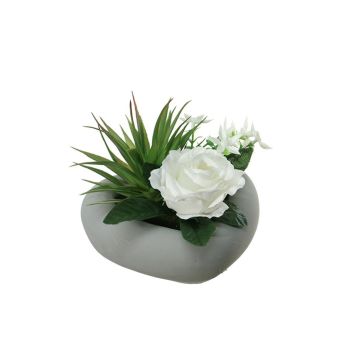 Artificial flower arrangement of rose and agave BEVIS, decorative pot, white, 5.5"/14cm, Ø 7.1"/18cm