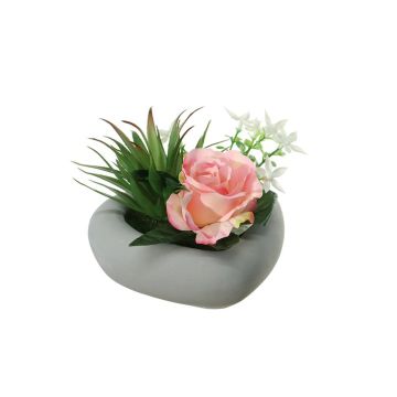 Artificial flower arrangement of rose and agave BEVIS, decorative pot, pink-white, 5.5"/14cm, Ø 7.1"/18cm
