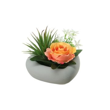 Artificial flower arrangement of rose and agave BEVIS, decorative pot, orange-salmon-white, 5.5"/14cm, Ø 7.1"/18cm