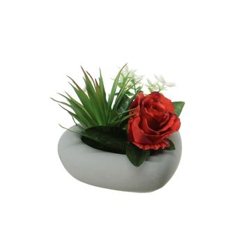 Artificial flower arrangement of rose and agave BEVIS, decorative pot, red-white, 5.5"/14cm, Ø 7.1"/18cm