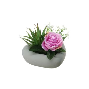Artificial flower arrangement of rose and agave BEVIS, decorative pot, lilac-white, 5.5"/14cm, Ø 7.1"/18cm