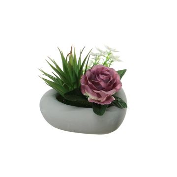 Artificial flower arrangement of rose and agave BEVIS, decorative pot, old violet-white, 5.5"/14cm, Ø 7.1"/18cm
