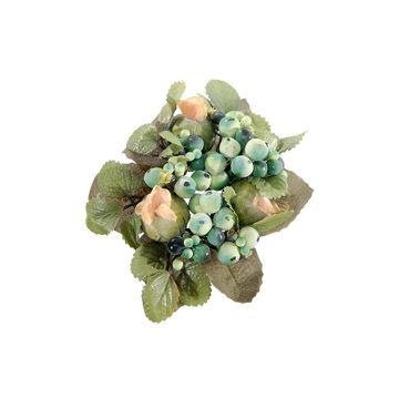 Decorative candle wreath STELLAN with snowberries, buds, green-blue, Ø 3.9"/10cm