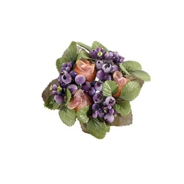 Decorative candle wreath STELLAN with snowberries, buds, purple-salmon, Ø 3.9"/10cm