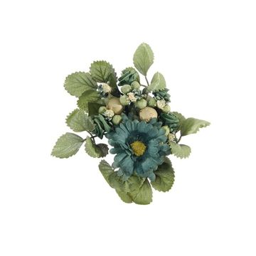 Artificial candle wreath AMARINA with gerbera and rose, blue-green, Ø 3.9"/10cm