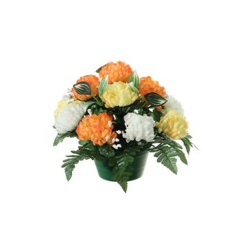 Artificial flower arrangement of chrysanthemum and baby's breath YASAR, orange-yellow-cream, 10"/25cm, Ø 12"/30cm