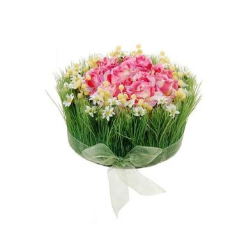 Artificial flower arrangement of roses and grass HAULANI, pink-white, 4.7"/12cm, Ø 8"/20cm