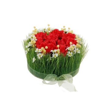 Artificial flower arrangement of roses and grass HAULANI, red-white, 4.7"/12cm, Ø 8"/20cm
