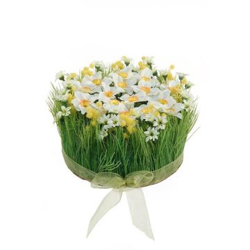 Artificial flower arrangement of roses and grass HAULANI, white-yellow, 4.7"/12cm, Ø 8"/20cm