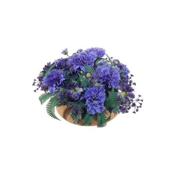 Artificial flower arrangement of carnations and marguerites IAKOBA on plate, blue, 6.7"/17cm, Ø 11"/28cm