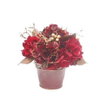 Artificial flower arrangement of hydrangea and berry SUKI, decorative pot, red-gold, Ø 10"/25cm