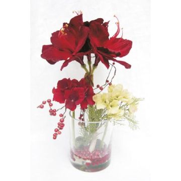 Artificial flower arrangement of amaryllis and hydrangea TASHI, decorative glass, red-cream, 16"/40cm, Ø 9"/23cm