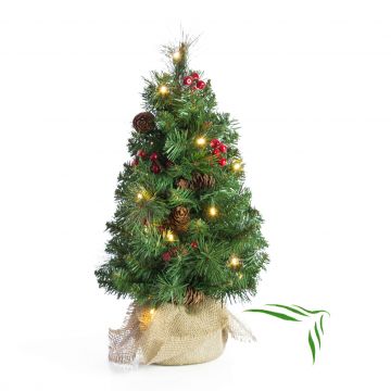 Artificial Christmas tree BUCHAREST, jute bag, decorated, LEDs, 18"/45cm, Ø 10"/25cm