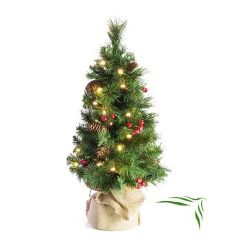 Artificial Christmas tree BUCHAREST, jute bag, decorated, LEDs, 24"/60cm, Ø 14"/35cm