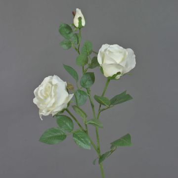 Fake rose spray ARIANE, white, 30"/75cm, Ø2.8"-4"/7-10cm