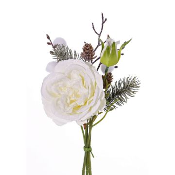 Silk rose bouquet FANNI, cones, snow-covered, white, 12"/30cm, Ø6"/15cm
