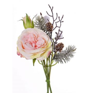 Silk rose bouquet FANNI, cones, snow-covered, pink, 12"/30cm, Ø6"/15cm