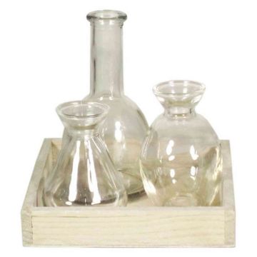 Wooden tray with glass vases KAYRA, 3 pcs, clear, 6.7"x6.7"x6.3"/17x17x16cm
