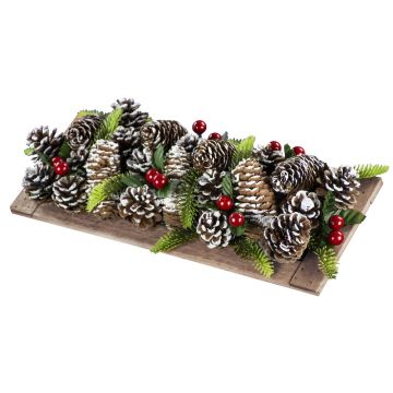 Artificial fir cone table arrangement AUGUSTA, berries, snow-covered, 14"x6"/35x15cm