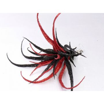 Artificial tillandsia stricta TESAK on clip, glitter, black-red, 7"/17cm