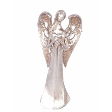 Angel figurine PINTA, heart in hands, silver-copper, 12"/30cm