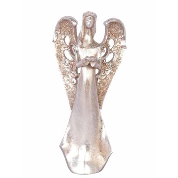 Angel figurine PINTA, flower reaching, silver-copper, 12"/30cm