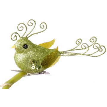 Green glitter bird GOJA with clip, green, 4.7"/12cm