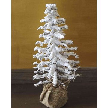Plastic fir tree THEAS in jute bag, covered with snow, 14"/35cm