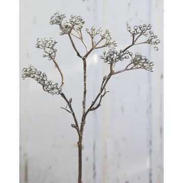Artificial gaultheria branch BENZO with berries, glitter, silver, 16"/40cm